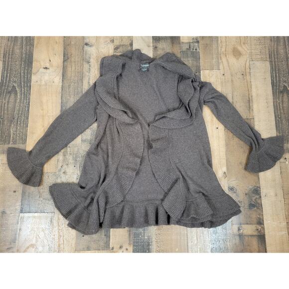 Bloomingdale's 2-Ply Cashmere Open Front Ruffle Brown‎ Cardigan Womens Medium - Picture 1 of 9